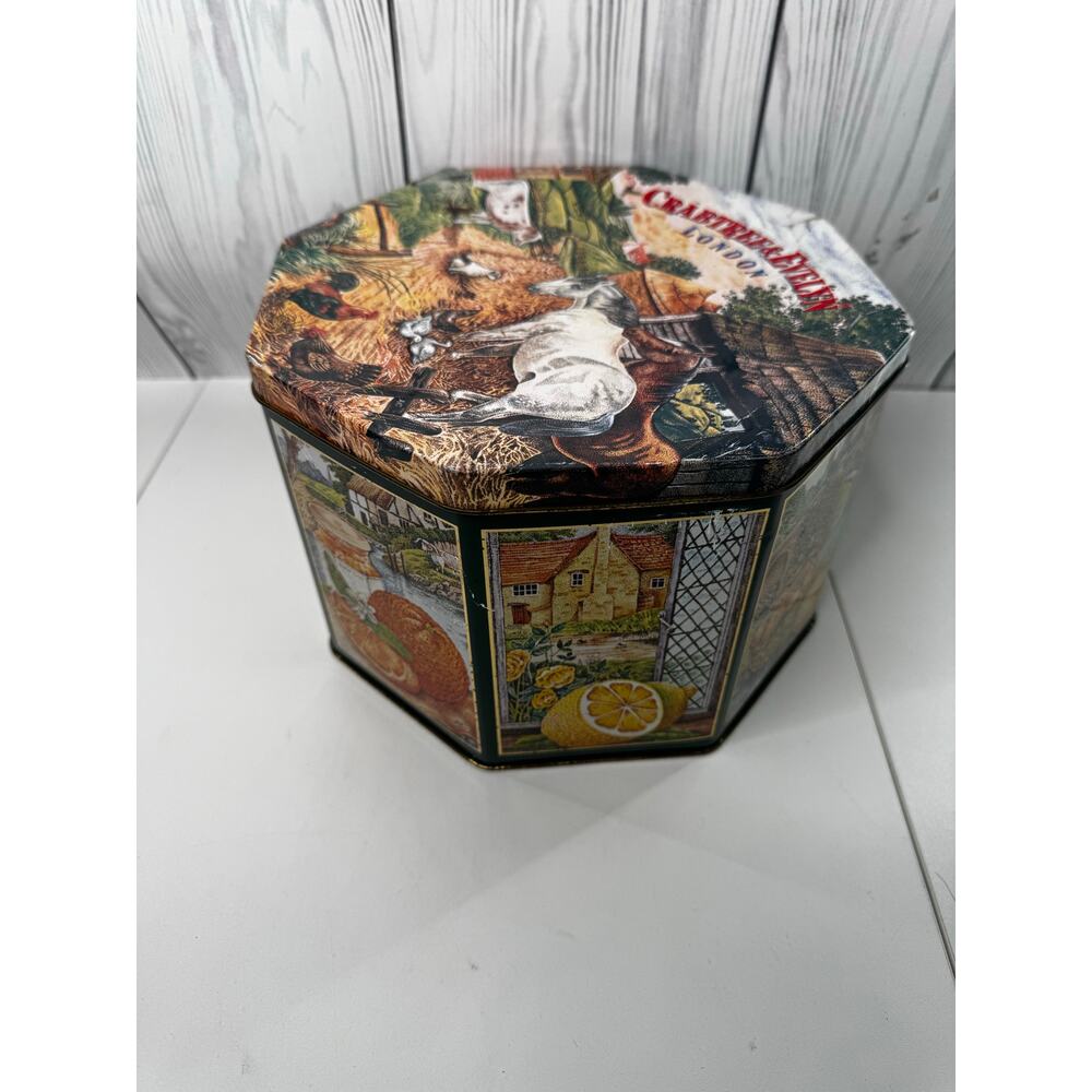 Vintage 1985 Crabtree and Evelyn Octagon Tin Farm Horse Chicken Tall Round - Picture 5 of 12